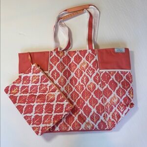 Sigrid Olsen Canvas Tote Bag Coral Colored Leaf Print Large Shopper Travel Beach